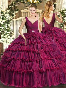 Cheap Fuchsia Organza Backless V-neck Sleeveless Floor Length Sweet 16 Dresses Beading and Ruffled Layers