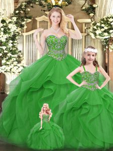 Popular Sweetheart Sleeveless 15 Quinceanera Dress Floor Length Beading and Ruffles Green Organza
