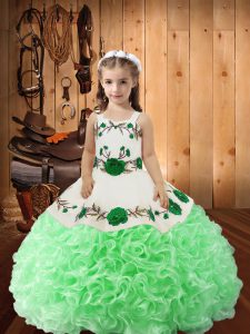 Great Floor Length Green Pageant Dress Fabric With Rolling Flowers Sleeveless Embroidery and Ruffles