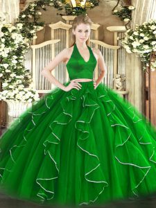 Green Halter Top Zipper Ruffles Sweet 16 Dress Sleeveless