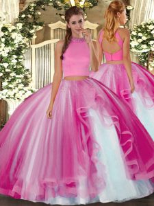 Sleeveless Tulle Floor Length Backless Quince Ball Gowns in Hot Pink with Beading and Ruffles