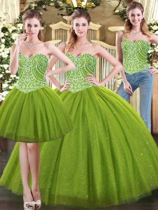 Free and Easy Olive Green Ball Gowns Beading Quinceanera Dresses Lace Up Tulle Sleeveless Floor Length