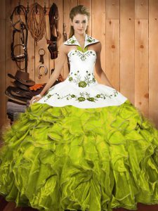 Vintage Olive Green Sleeveless Satin and Organza Lace Up Quinceanera Gown for Military Ball and Sweet 16 and Quinceanera