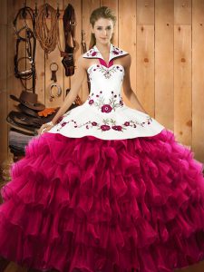 Satin and Organza Sleeveless Floor Length Sweet 16 Dresses and Embroidery and Ruffled Layers