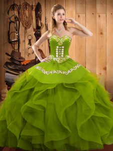 Shining Olive Green Lace Up Sweetheart Embroidery and Ruffles Quince Ball Gowns Organza Sleeveless