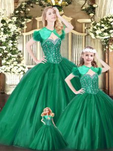 Green Lace Up 15th Birthday Dress Beading Sleeveless Floor Length