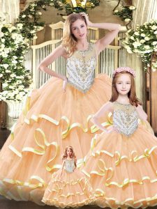 Artistic Ball Gowns Sweet 16 Quinceanera Dress Peach Scoop Tulle Sleeveless Floor Length Lace Up