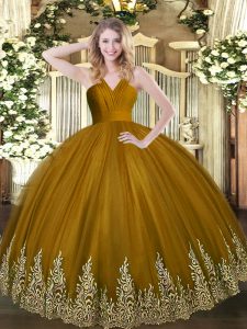 Floor Length Brown Quince Ball Gowns Tulle Sleeveless Appliques