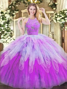 Multi-color Zipper Quinceanera Dresses Beading and Ruffles Sleeveless Floor Length