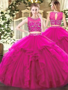 Discount Floor Length Zipper Quince Ball Gowns Fuchsia for Military Ball and Sweet 16 and Quinceanera with Beading and Ruffles