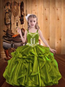 Olive Green Lace Up Straps Embroidery and Ruffles Little Girl Pageant Dress Organza Sleeveless