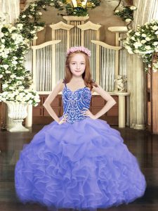 Sleeveless Organza Floor Length Lace Up High School Pageant Dress in Blue with Beading and Ruffles and Pick Ups