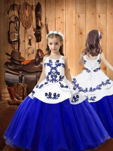 Fashion Blue Ball Gowns Straps Sleeveless Organza Floor Length Lace Up Embroidery Little Girl Pageant Dress