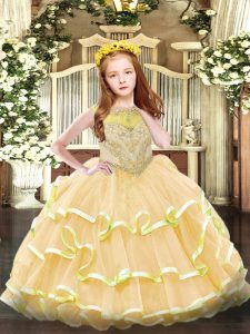 Gold Sleeveless Beading and Ruffled Layers Floor Length Pageant Gowns For Girls