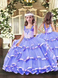 Custom Design Lavender Lace Up Child Pageant Dress Beading and Ruffled Layers Sleeveless Floor Length
