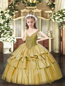 Gold Sleeveless Floor Length Beading and Ruffled Layers Lace Up High School Pageant Dress