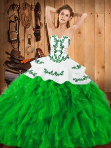 Sexy Green Ball Gowns Satin and Organza Strapless Sleeveless Embroidery and Ruffles Floor Length Lace Up Quinceanera Dress