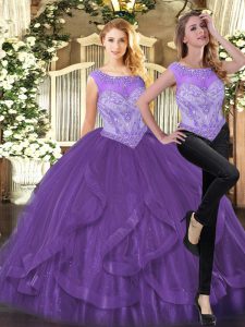Sweet Purple Scoop Zipper Beading and Ruffles Quince Ball Gowns Sleeveless
