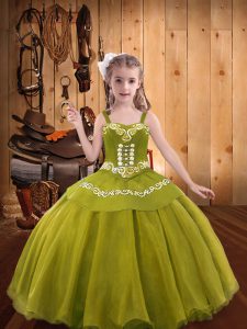 Custom Designed Olive Green Organza Lace Up Glitz Pageant Dress Sleeveless Floor Length Embroidery and Ruffles