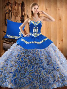 High End Sleeveless Satin and Fabric With Rolling Flowers With Train Sweep Train Lace Up Quinceanera Gown in Multi-color with Embroidery