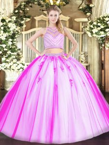 Nice Rose Pink Tulle Zipper Quinceanera Dress Sleeveless Floor Length Beading