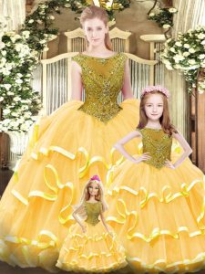 Sexy Scoop Sleeveless Organza Sweet 16 Dress Beading and Ruffled Layers Lace Up