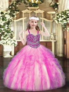 Rose Pink Lace Up Custom Made Pageant Dress Beading and Ruffles Sleeveless Floor Length