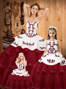 Wine Red Quinceanera Dresses Organza Sweep Train Sleeveless Embroidery