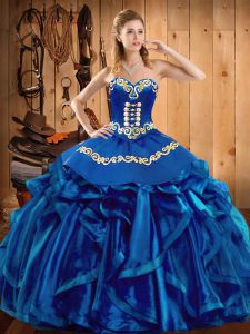 Blue Organza Lace Up Ball Gown Prom Dress Sleeveless Floor Length Embroidery and Ruffles