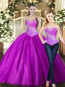 Ideal Sweetheart Sleeveless Sweet 16 Dress Floor Length Beading Fuchsia Tulle