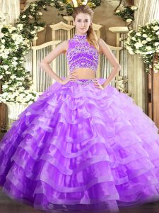 Great Lavender Sweet 16 Dress Military Ball and Sweet 16 and Quinceanera with Beading and Ruffled Layers High-neck Sleeveless Backless