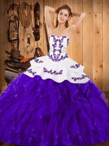 White And Purple Ball Gowns Strapless Sleeveless Satin and Organza Floor Length Lace Up Embroidery and Ruffles 15 Quinceanera Dress