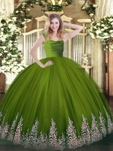 Beautiful Straps Sleeveless 15th Birthday Dress Floor Length Beading and Appliques Olive Green Tulle
