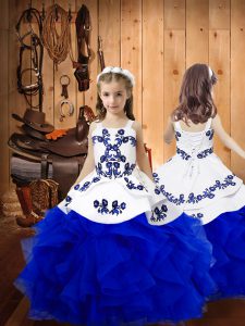 Floor Length Royal Blue Little Girl Pageant Gowns Straps Sleeveless Lace Up