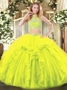 Floor Length Two Pieces Sleeveless Yellow Green Sweet 16 Dress Backless