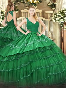 Popular Sleeveless Organza and Taffeta Floor Length Backless Sweet 16 Dresses in Dark Green with Beading and Lace and Embroidery and Ruffled Layers