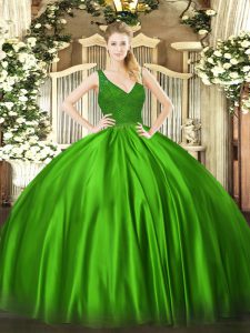 Green V-neck Neckline Beading and Lace Quinceanera Gowns Sleeveless Backless