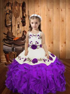 Beautiful Straps Sleeveless Custom Made Pageant Dress Floor Length Embroidery and Ruffles Eggplant Purple Organza
