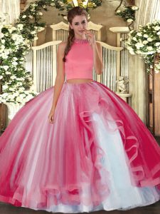Smart Halter Top Sleeveless Backless Sweet 16 Quinceanera Dress Coral Red Tulle