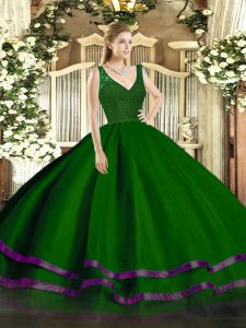 Fancy Dark Green V-neck Neckline Beading and Lace and Ruffled Layers Quinceanera Gowns Sleeveless Backless