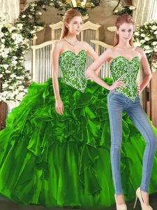 Floor Length Lace Up Vestidos de Quinceanera Dark Green for Military Ball and Sweet 16 with Beading and Ruffles
