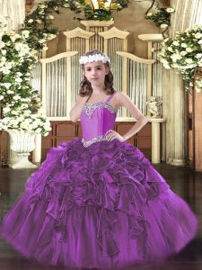 Fuchsia Lace Up Straps Beading and Ruffles Pageant Gowns For Girls Organza Sleeveless