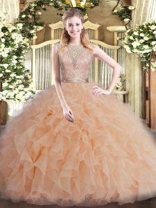 High End Floor Length Champagne Vestidos de Quinceanera Scoop Sleeveless Backless
