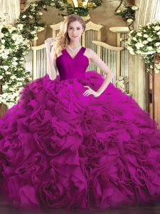 Sleeveless Organza and Fabric With Rolling Flowers Floor Length Zipper Quinceanera Gown in Fuchsia with Ruffles