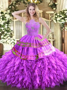 Fashion Lilac Tulle Zipper 15th Birthday Dress Sleeveless Floor Length Beading and Ruffles and Sequins