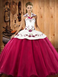 Hot Pink Satin and Tulle Lace Up Halter Top Sleeveless Floor Length Quince Ball Gowns Embroidery