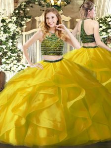 Sleeveless Organza Floor Length Zipper Sweet 16 Dress in Yellow with Beading and Ruffles