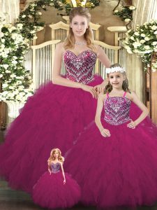 Custom Design Organza Sweetheart Sleeveless Lace Up Beading and Ruffles 15th Birthday Dress in Fuchsia