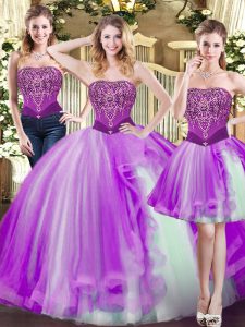 Floor Length Eggplant Purple Ball Gown Prom Dress Tulle Sleeveless Beading