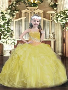 Gold Ball Gowns Beading and Ruffles Custom Made Pageant Dress Lace Up Organza Sleeveless Floor Length